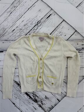VTG Juicy Couture Kids Ivory Knit Cardigan Neon Yellow Trim Gold Buttons Girls 8